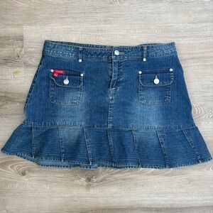Vintage Denim Blue Jean Mini Skirt with Pocket and Ruffle Details Babydoll Y2K